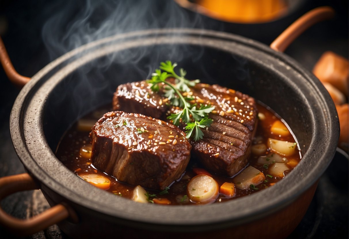 Searing beef shin in hot oil, then braising with Chinese spices in a clay pot, creating a savory aroma