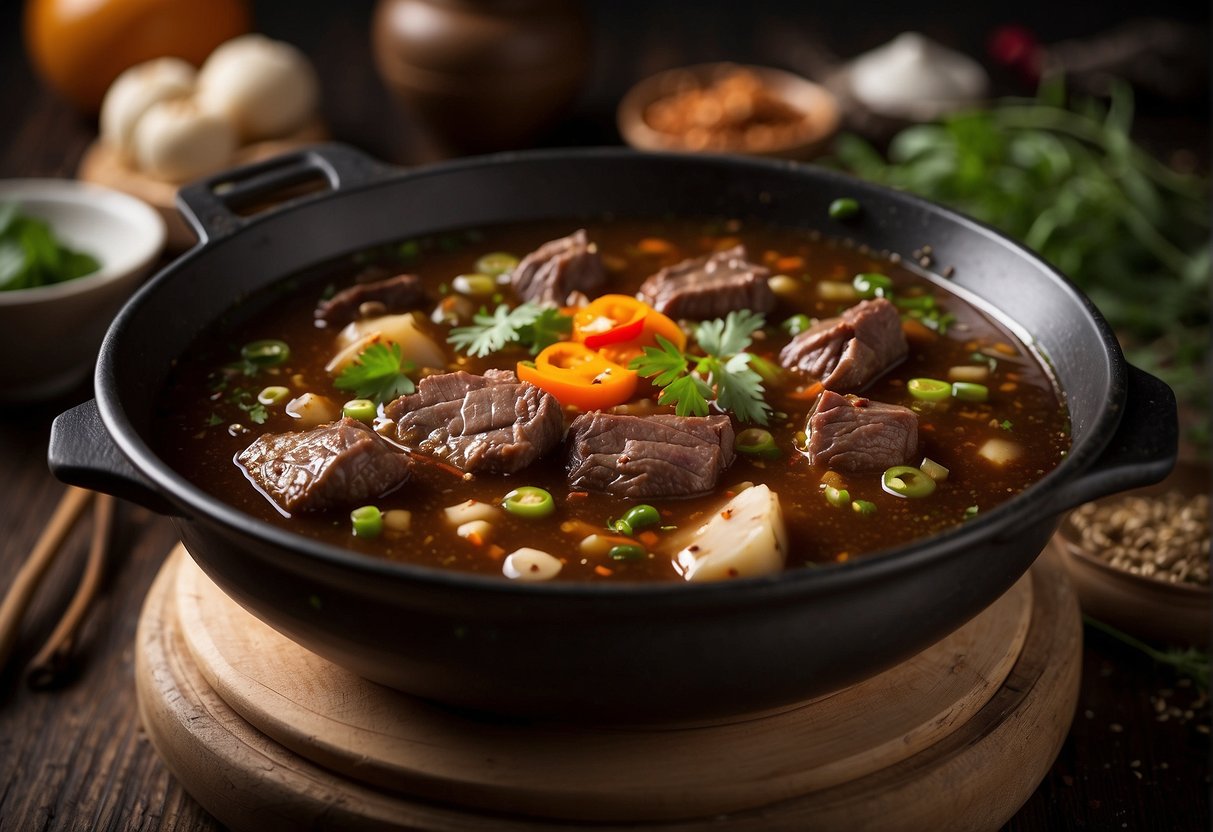 A pot simmering with beef shin in a savory Chinese sauce, surrounded by various herbs and spices