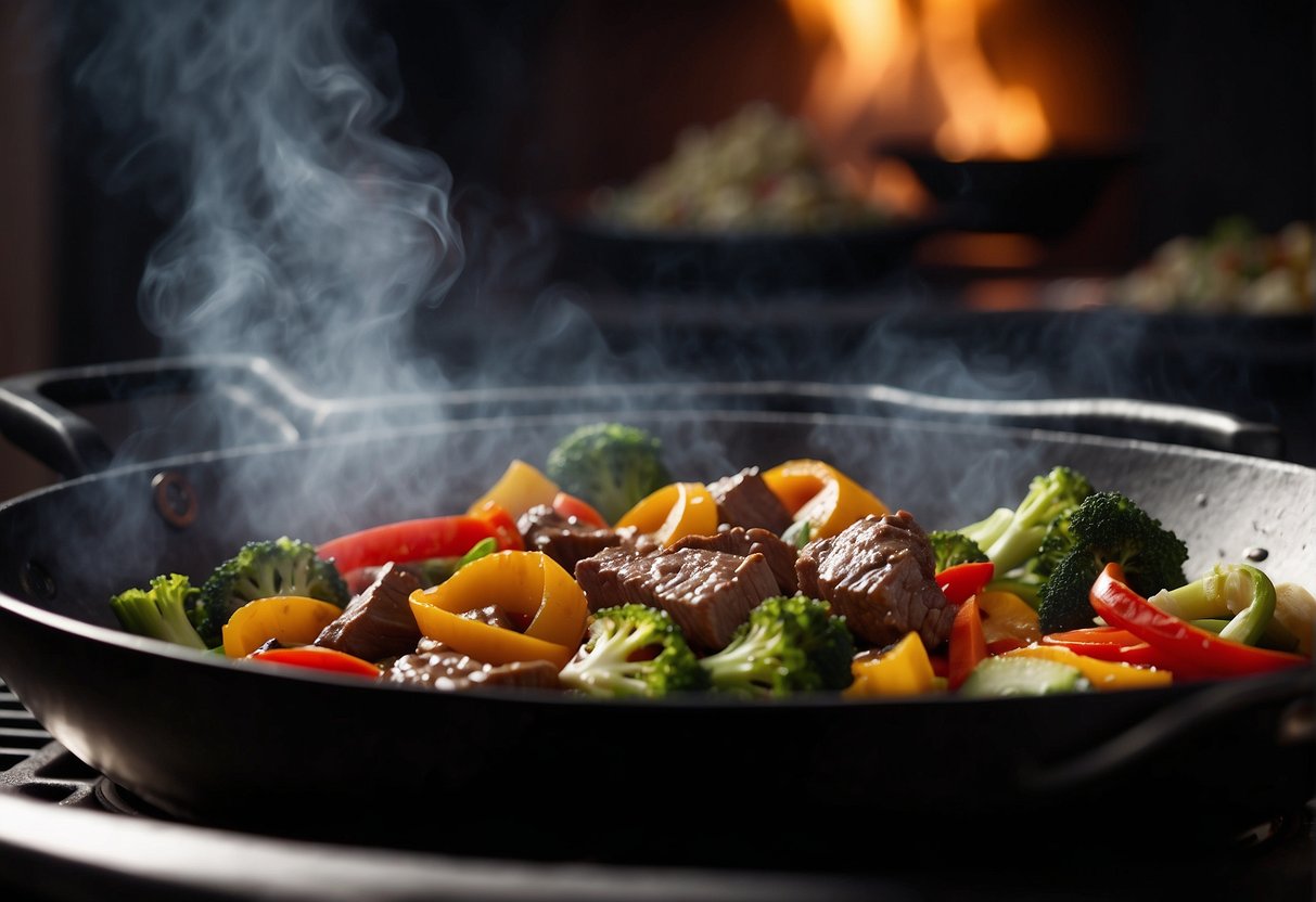 Sizzling beef stir-fry in a wok with colorful vegetables and aromatic spices, steaming and emitting a mouth-watering aroma