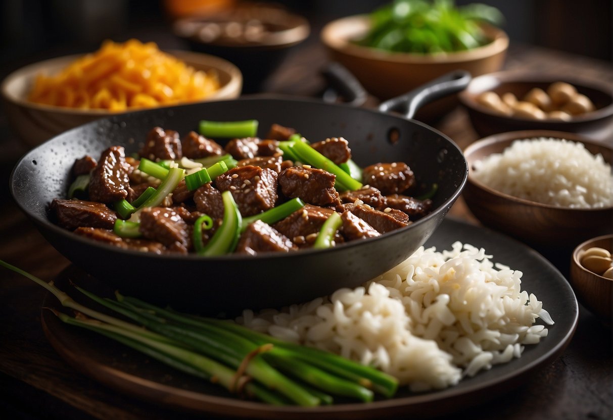 Sizzling beef stir-fry in wok, surrounded by fresh ginger, garlic, and green onions. Soy sauce, rice wine, and sugar on the counter
