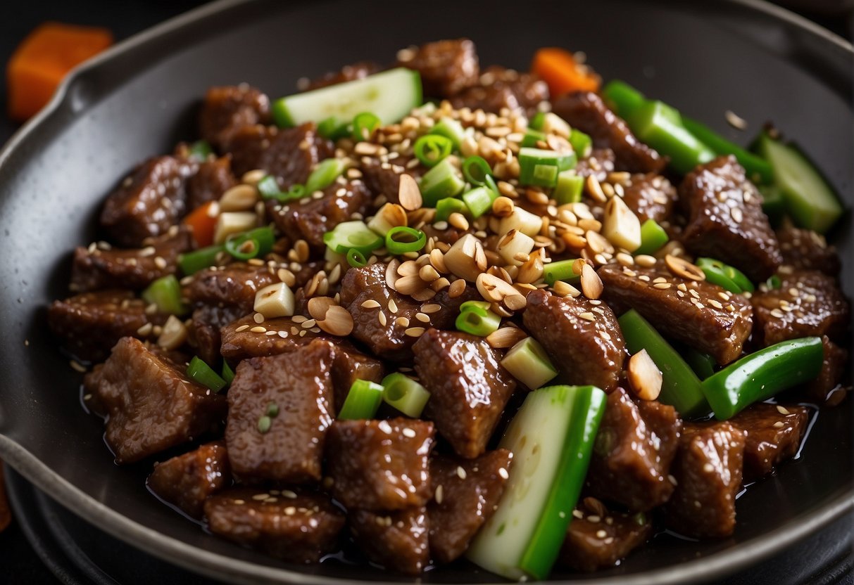 A wok sizzles with marinated beef, ginger, and garlic. Soy sauce and hoisin add depth to the savory aroma. Chopped scallions and sesame seeds await as finishing touches