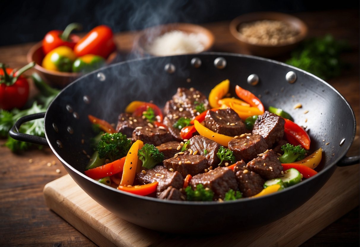 Sizzling beef strips in a wok with colorful vegetables and aromatic spices