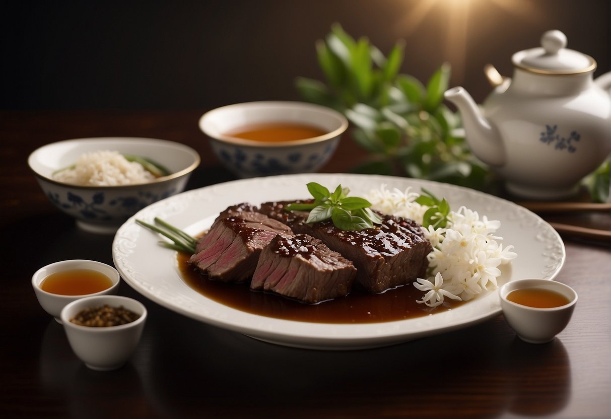 A table set with a steaming plate of Chinese-style beef, surrounded by chopsticks, soy sauce, and a pot of jasmine tea