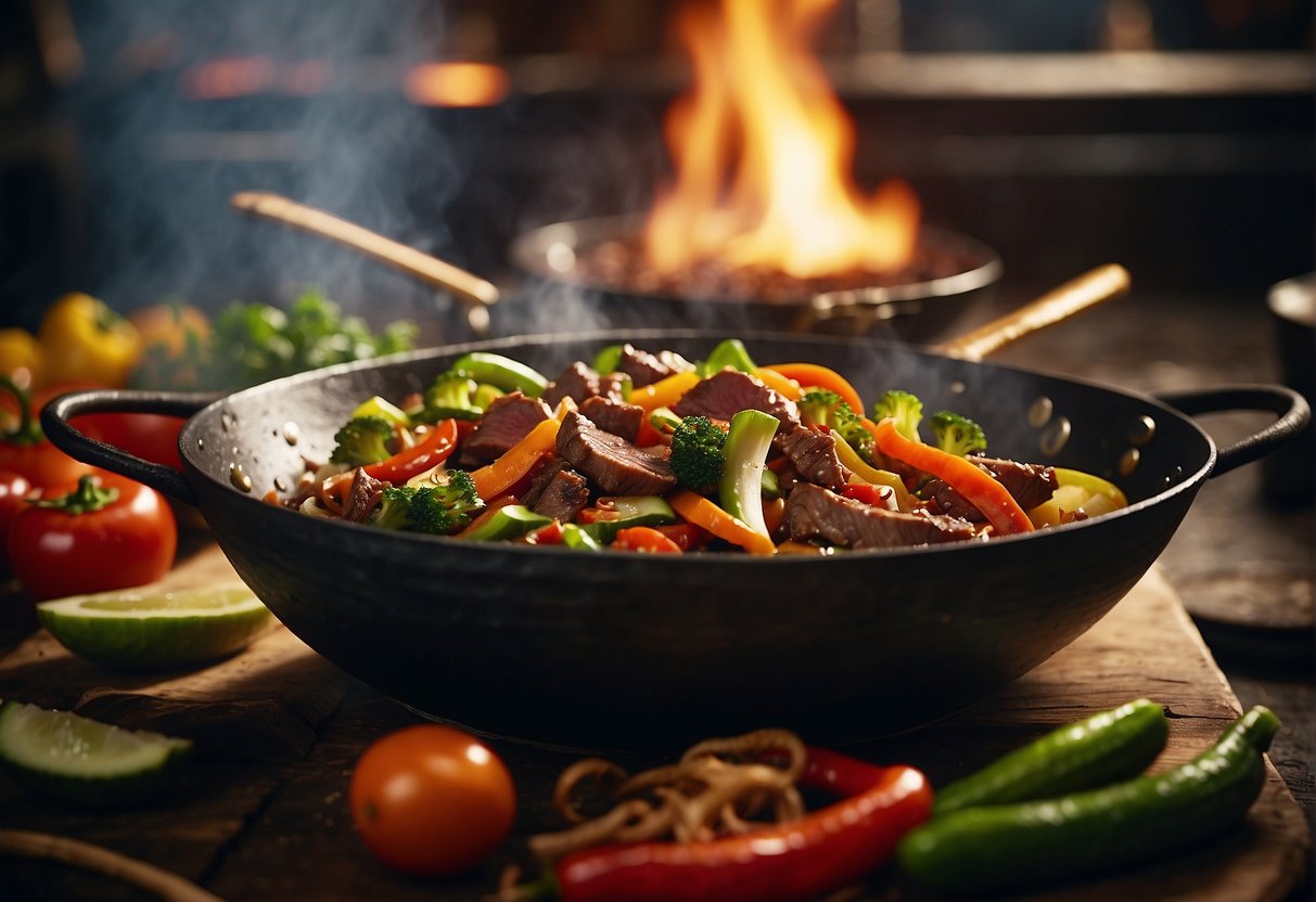 A sizzling wok tosses marinated beef strips with vibrant vegetables and aromatic Chinese spices, creating a mouthwatering stir-fry dish