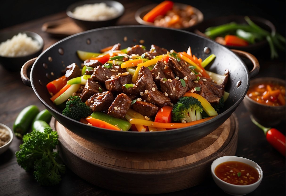 A sizzling wok filled with marinated beef strips, stir-frying with vibrant vegetables in a fragrant Chinese-style sauce