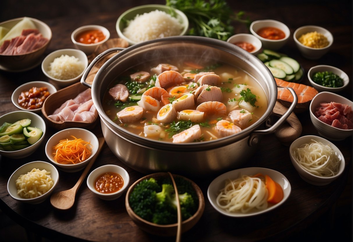 A large pot filled with boiling broth, surrounded by plates of thinly sliced meats, seafood, and vegetables. A table set with dipping sauces and chopsticks