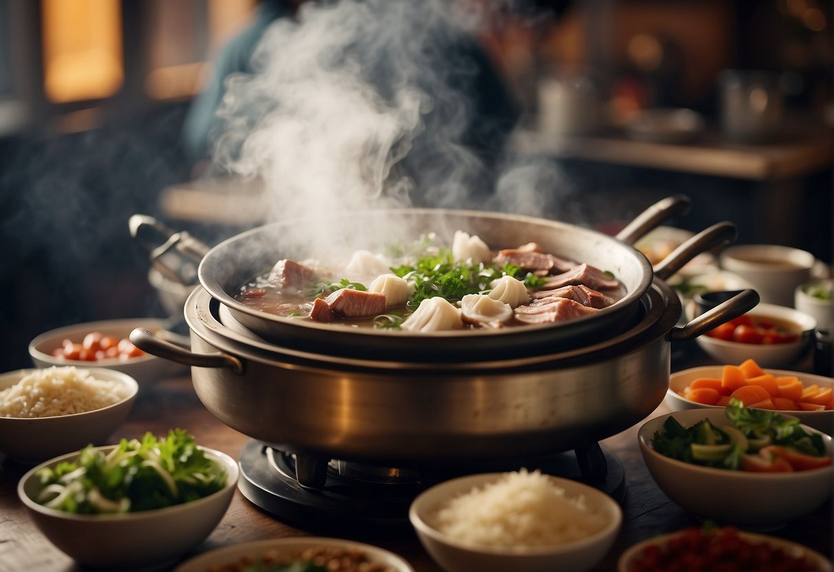 A steaming Chinese steamboat sits on a table, surrounded by plates of fresh ingredients and dipping sauces. The steam rises from the pot, creating a warm and inviting atmosphere