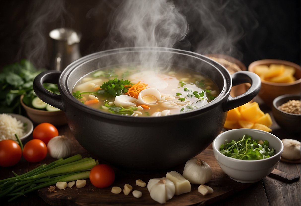 Fresh ingredients arranged around a bubbling pot of savory broth, with chopsticks and ladles nearby. Steam rises from the pot, filling the air with mouthwatering aromas