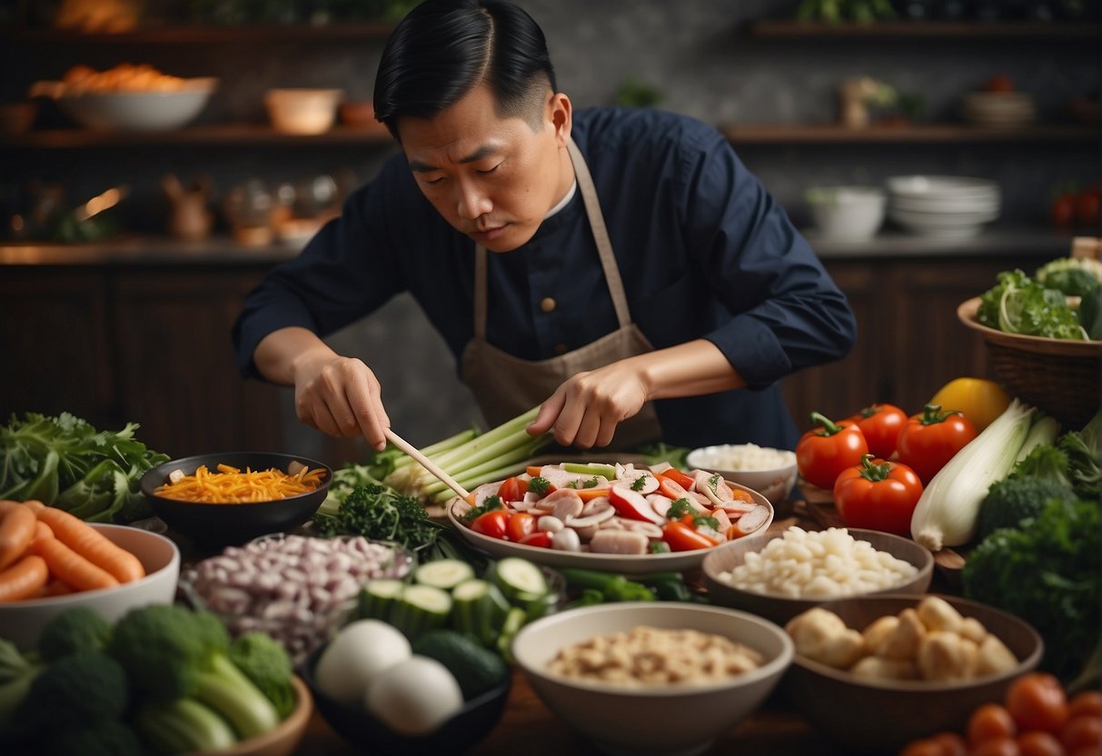 A person selecting ingredients for a Chinese steamboat recipe. A variety of fresh vegetables, meats, and seafood are laid out on a table