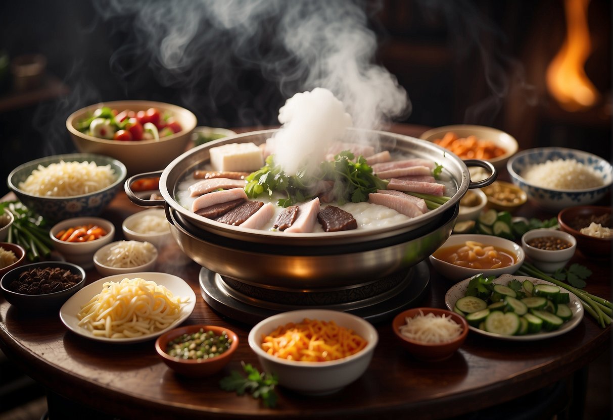 A steaming Chinese steamboat surrounded by various ingredients and condiments on a table. The steamboat is bubbling with a rich broth, and the ingredients are fresh and vibrant