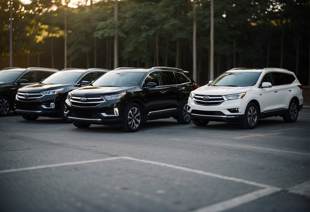 Five midsize SUVs parked in a row, each with spacious legroom and varying interior designs
