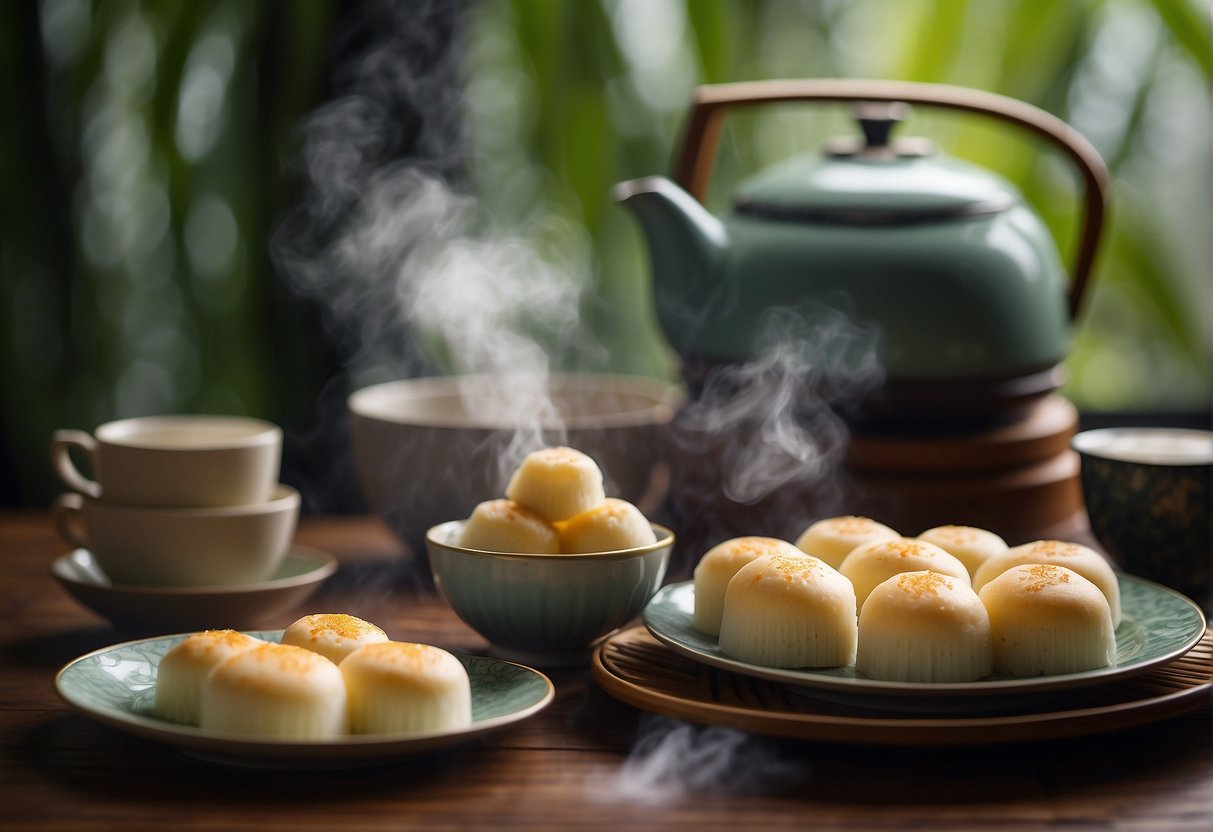 A bamboo steamer filled with fluffy, round Chinese steamed cakes, surrounded by steam and traditional Chinese tea set