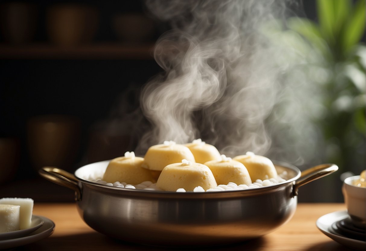 A bamboo steamer sits atop a pot of boiling water, filled with fluffy, round Huat Kueh cakes, steam rising from their soft, golden surfaces