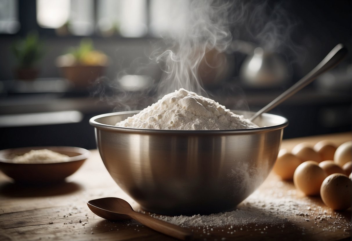 A mixing bowl filled with flour, sugar, and yeast. A pot of steaming water in the background