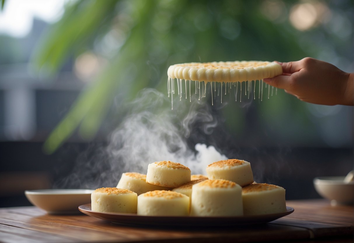A bamboo steamer releasing steam over fluffy Chinese steamed cakes