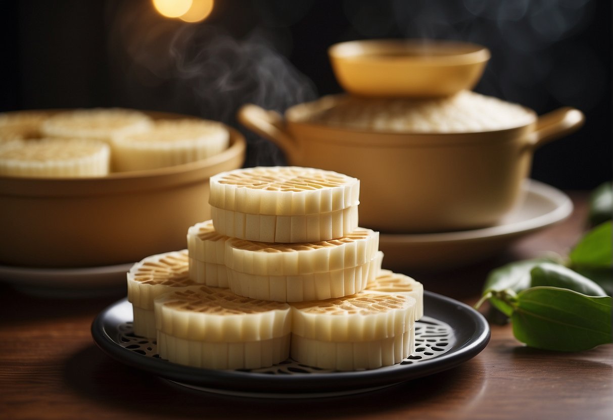 A bamboo steamer sits atop a pot of boiling water, filled with fluffy, golden huat kueh cakes. A stack of small plates and airtight containers wait nearby for serving and storage