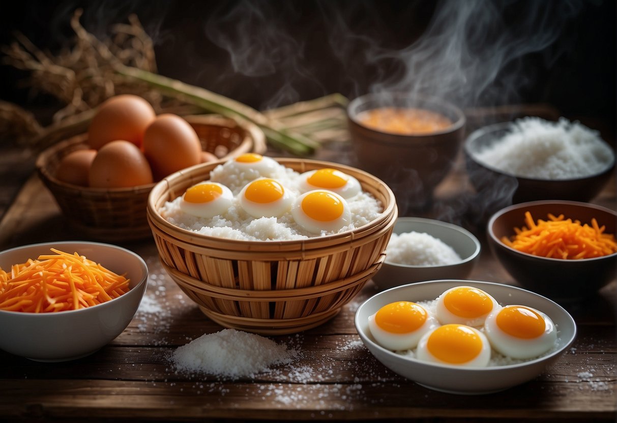 A steaming bamboo basket filled with sliced carrots, flour, and eggs, surrounded by bowls of sugar, oil, and water