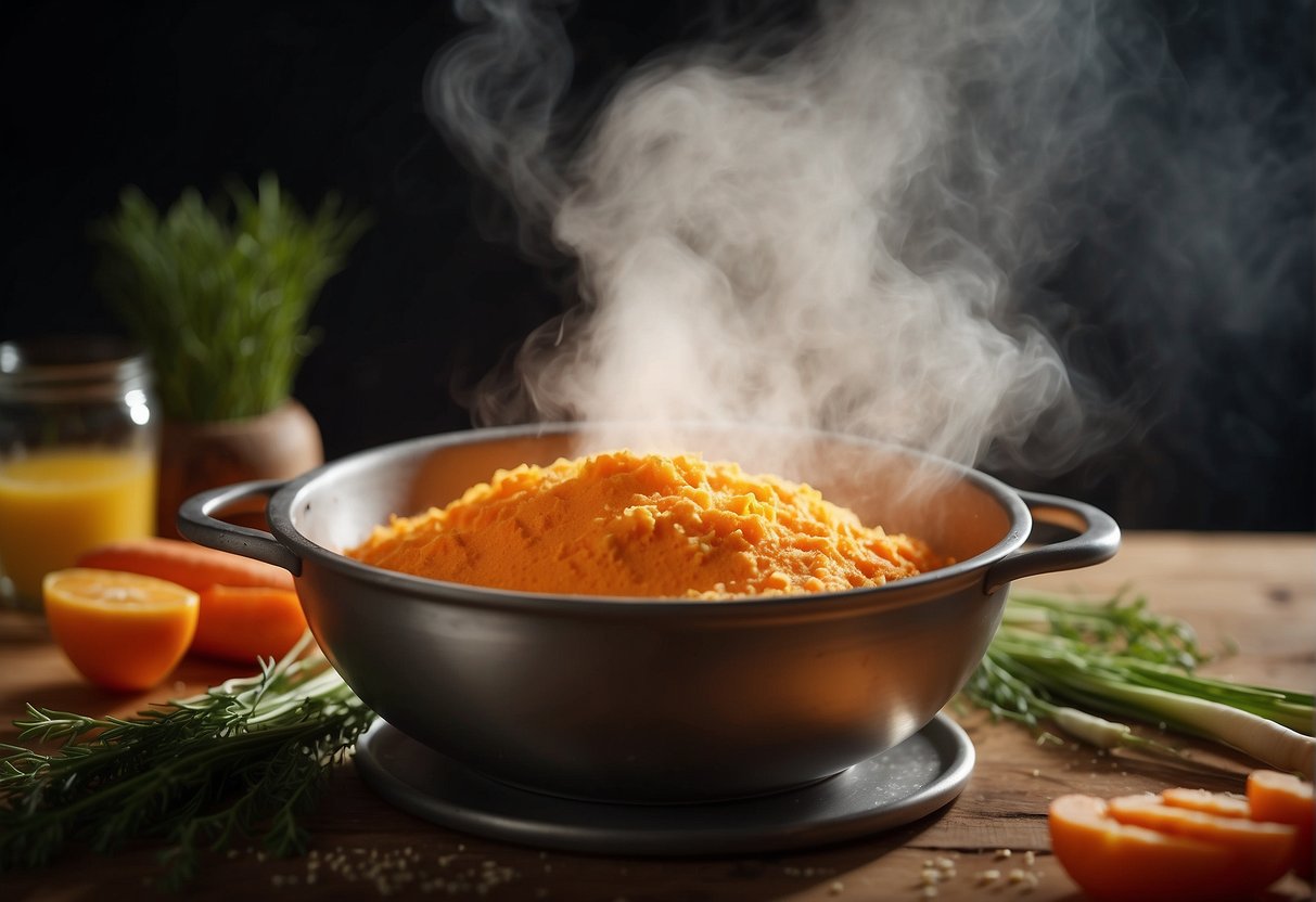 Carrots and flour being mixed in a bowl with eggs and seasoning. Steam rising from a pot on the stove