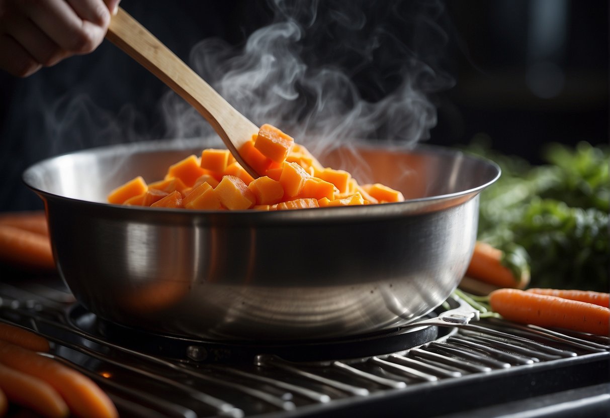 Carrots and batter being mixed in a metal bowl, steam rising from a bamboo steamer over a pot of boiling water
