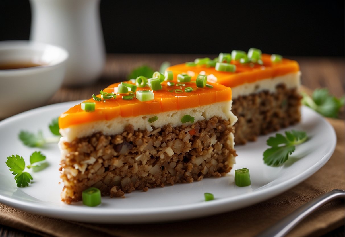 The steamed carrot cake sits on a white plate, garnished with a sprinkle of chopped green onions and a drizzle of soy sauce
