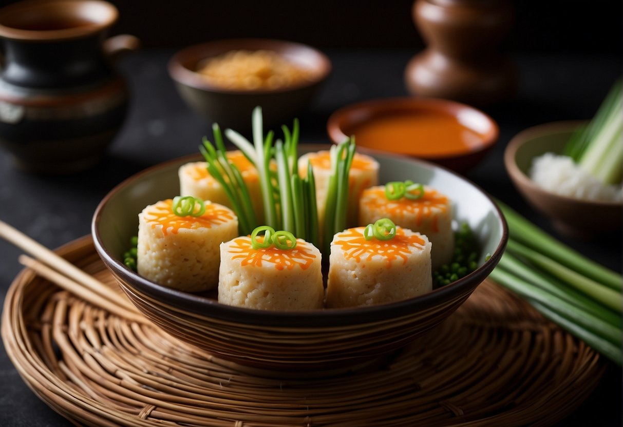 A steaming bamboo basket filled with freshly cooked Chinese steamed carrot cake, garnished with sliced green onions and served with a side of spicy soy dipping sauce