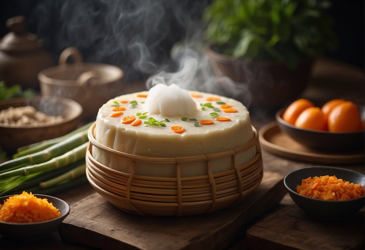 A steaming bamboo basket filled with freshly made Chinese steamed carrot cake, surrounded by traditional ingredients and utensils