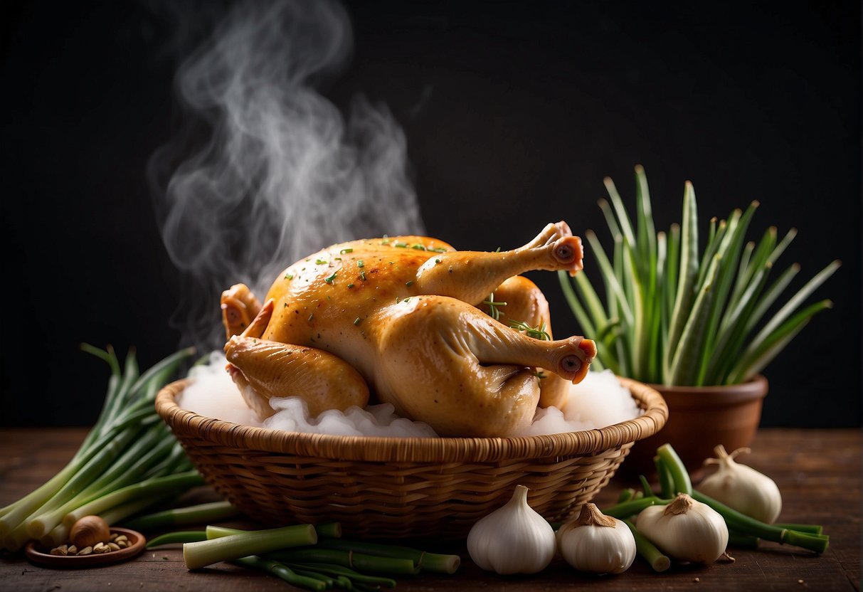 A whole chicken breast steaming in a bamboo basket, surrounded by ginger, green onions, and garlic. Steam rising from the basket