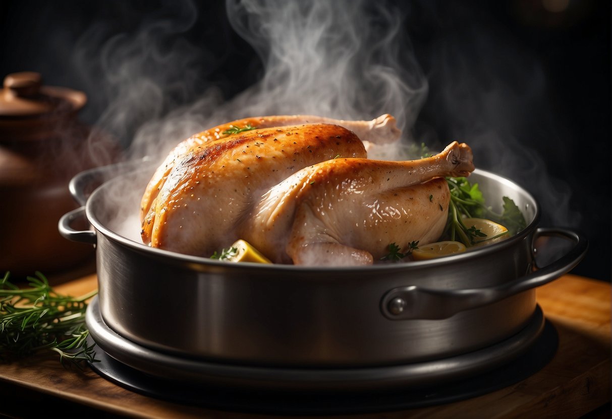 A whole chicken breast steaming in a bamboo steamer over a pot of boiling water. Aromatic steam rising from the dish