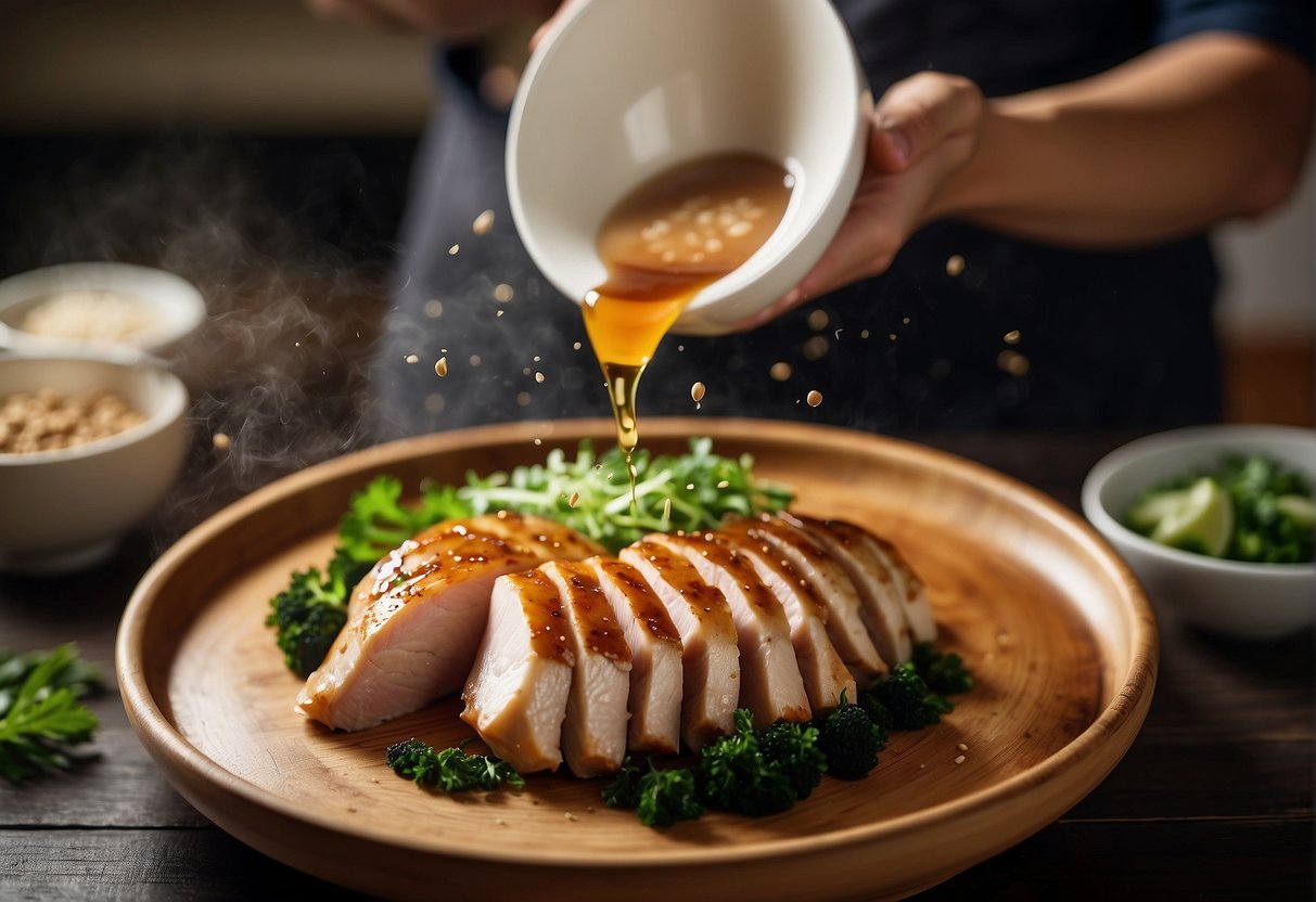 A chef pours soy sauce over steamed chicken breast in a bamboo steamer