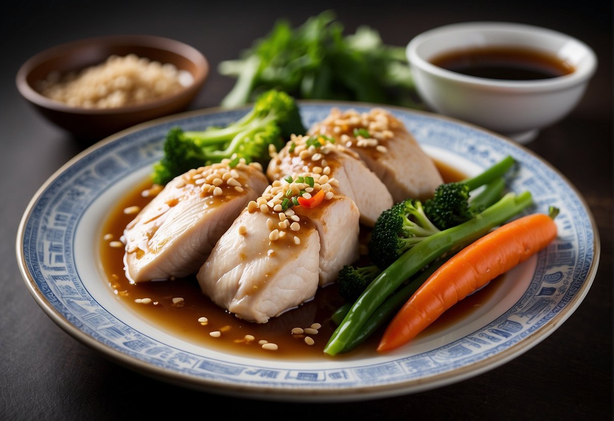 A plate of Chinese steamed chicken breast with a side of vegetables, accompanied by a small bowl of soy sauce. A nutritional information label is visible next to the dish