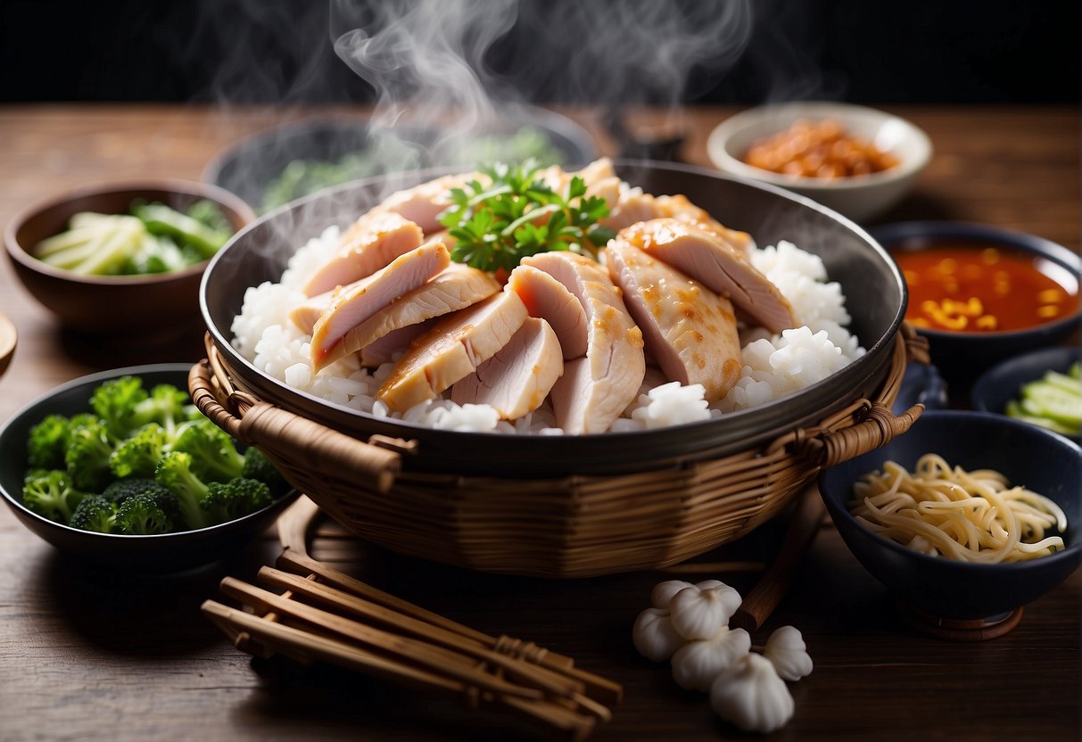 A steaming basket filled with sliced chicken breast surrounded by traditional Chinese ingredients and utensils