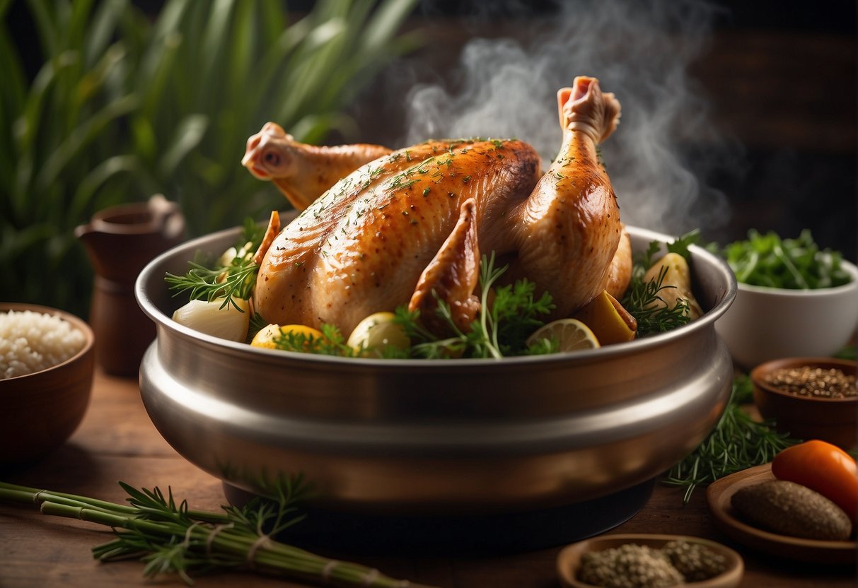 A whole chicken being steamed in a bamboo steamer, surrounded by aromatic herbs and spices