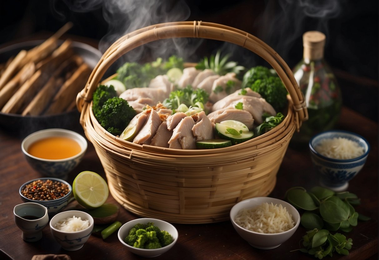 A steaming bamboo basket filled with succulent Chinese steamed chicken, surrounded by traditional condiments and garnishes