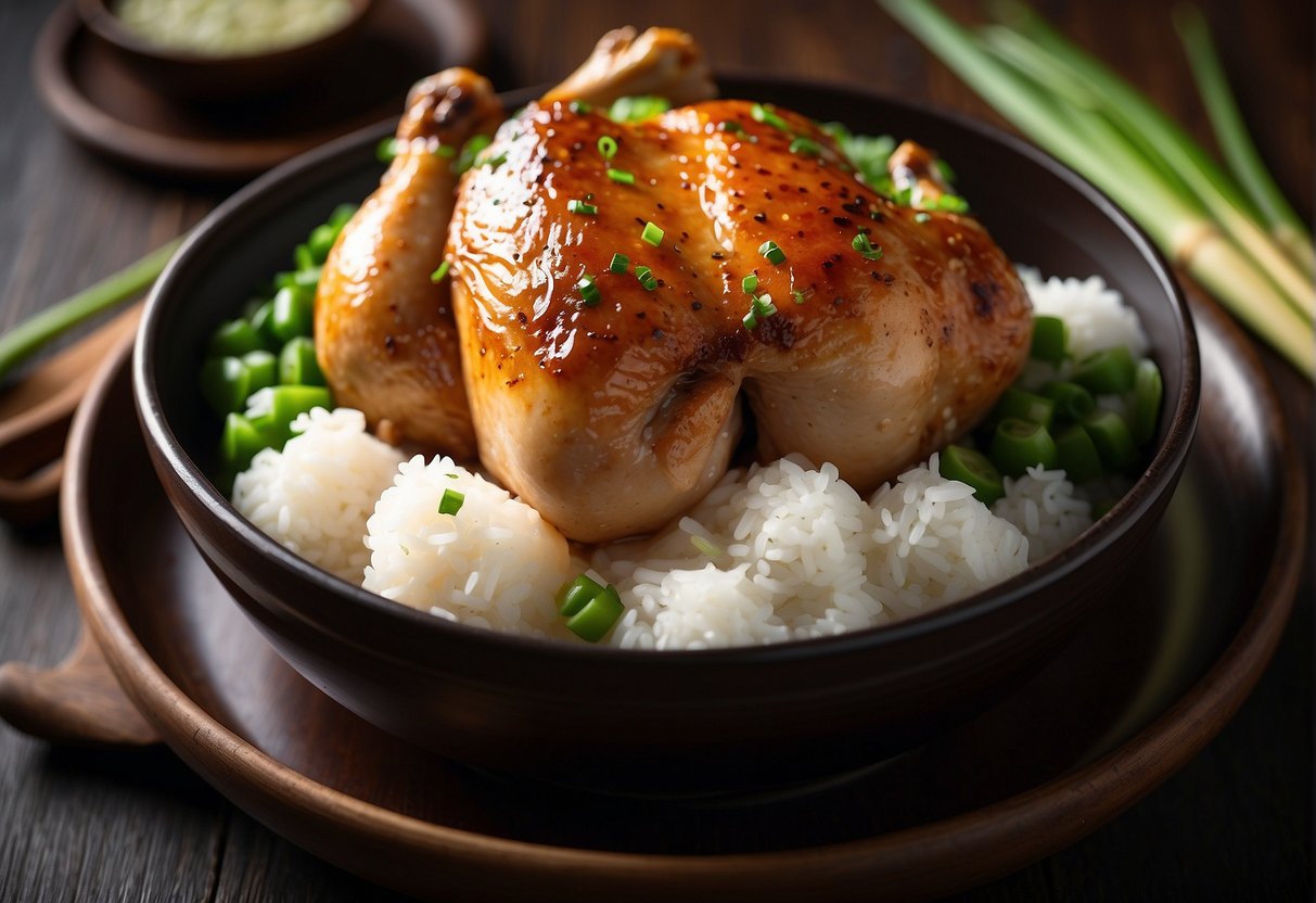 A whole chicken thigh, marinated in soy sauce and ginger, placed in a bamboo steamer over boiling water. Garnished with green onions and served with a side of steamed rice