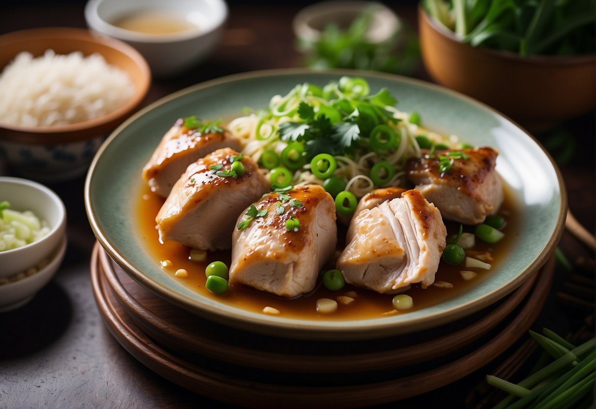 A plate of succulent Chinese steamed chicken thighs, garnished with green onions and ginger, surrounded by a steaming bamboo steamer
