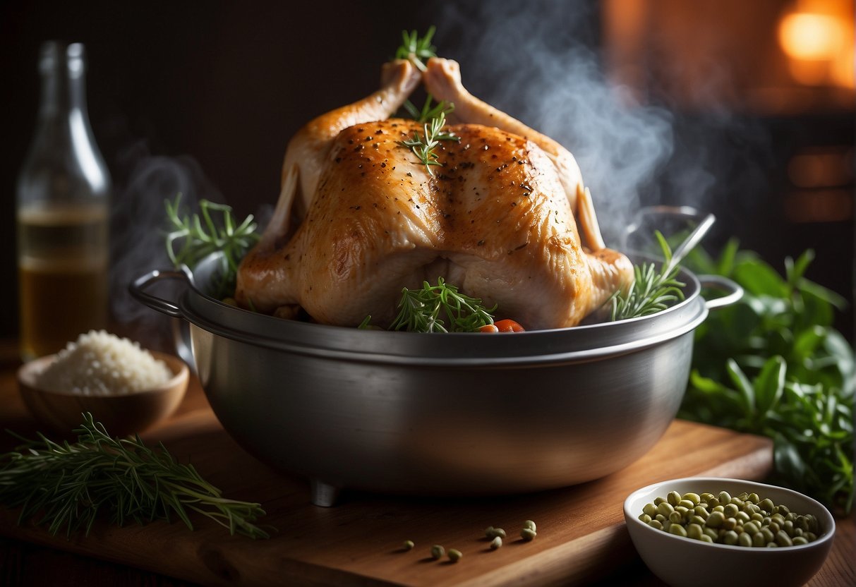 A plump chicken thigh sits in a bamboo steamer, surrounded by aromatic herbs and spices, as steam rises from the pot below