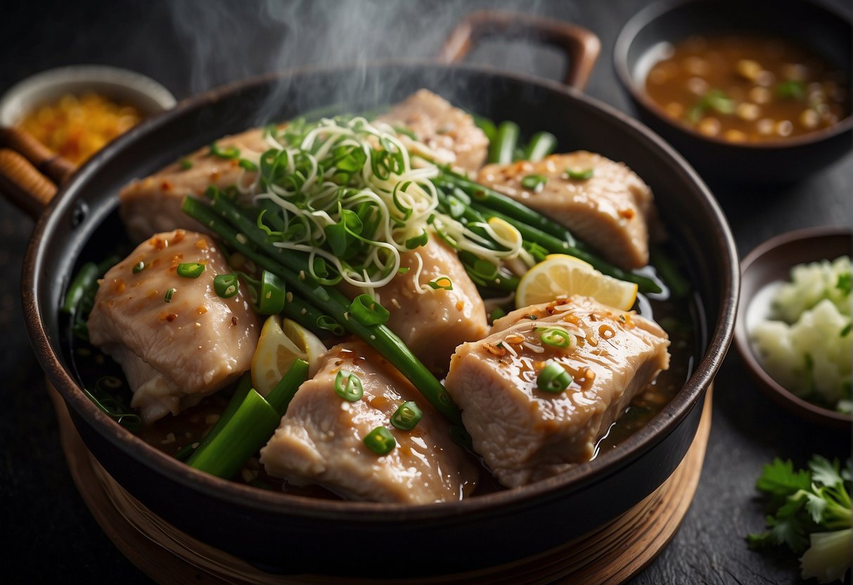 A platter of Chinese steamed chicken thighs, garnished with scallions and ginger, surrounded by a steaming bamboo steamer