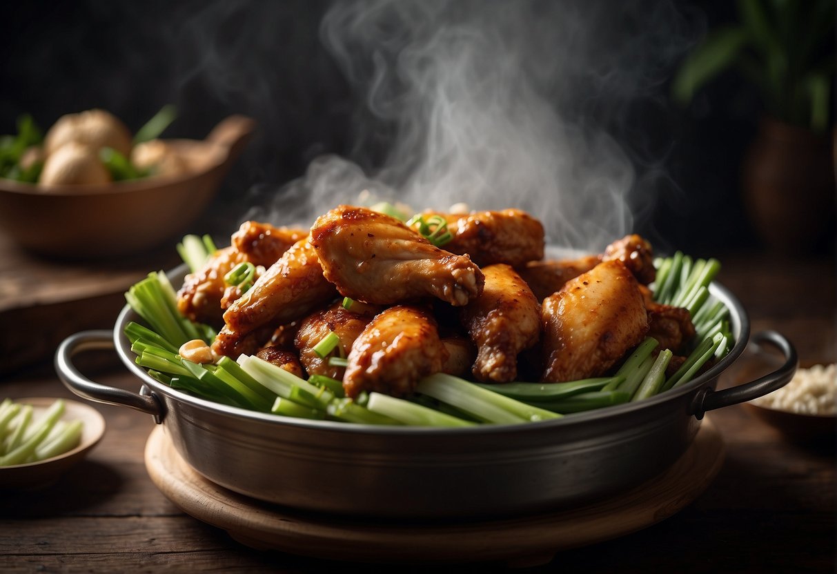Chicken wings arranged in a steaming basket, surrounded by ginger, garlic, and green onions. Steam rising from the pot