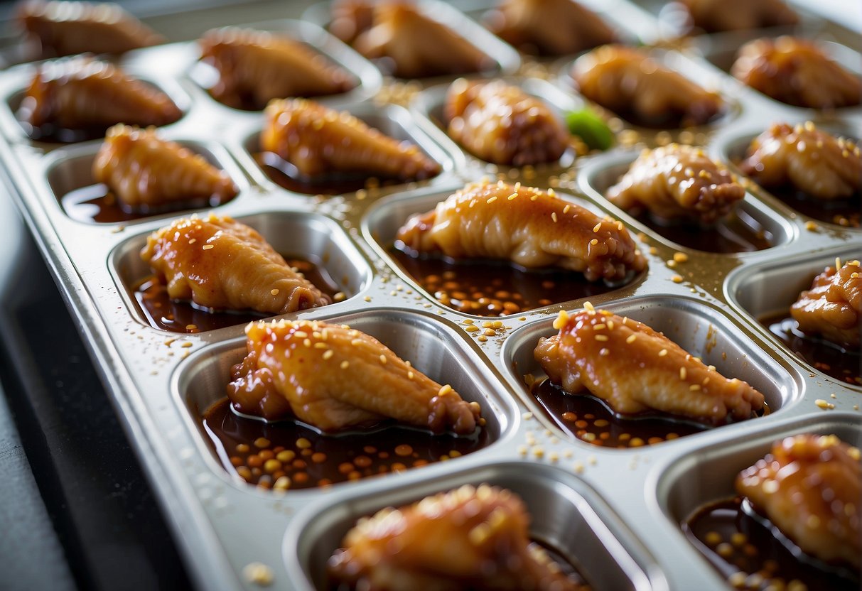 Chicken wings marinating in a mixture of soy sauce, ginger, garlic, and sesame oil in a shallow dish