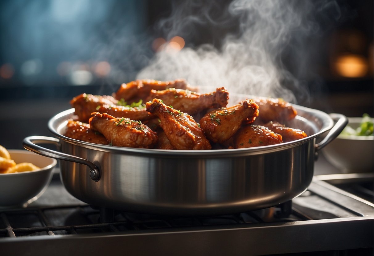 Chicken wings arranged in a steamer basket over boiling water. Steam rising, lid on. Ingredients nearby