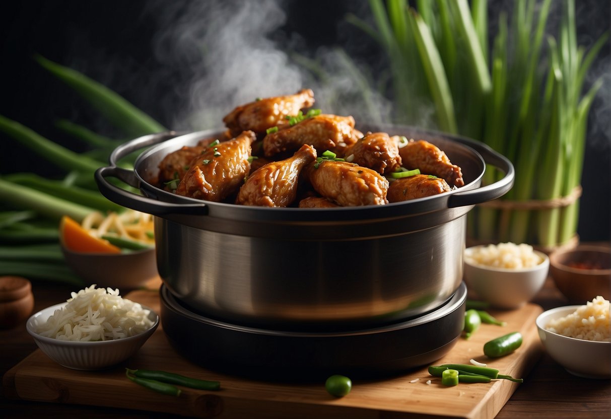 Chicken wings arranged in a bamboo steamer, surrounded by ginger, garlic, and green onions. Steam rising from the pot