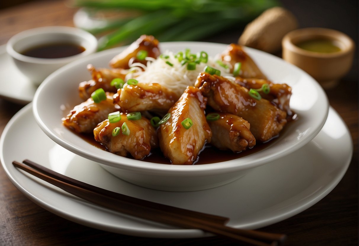A plate of steamed chicken wings surrounded by ginger, green onions, and drizzled with soy sauce