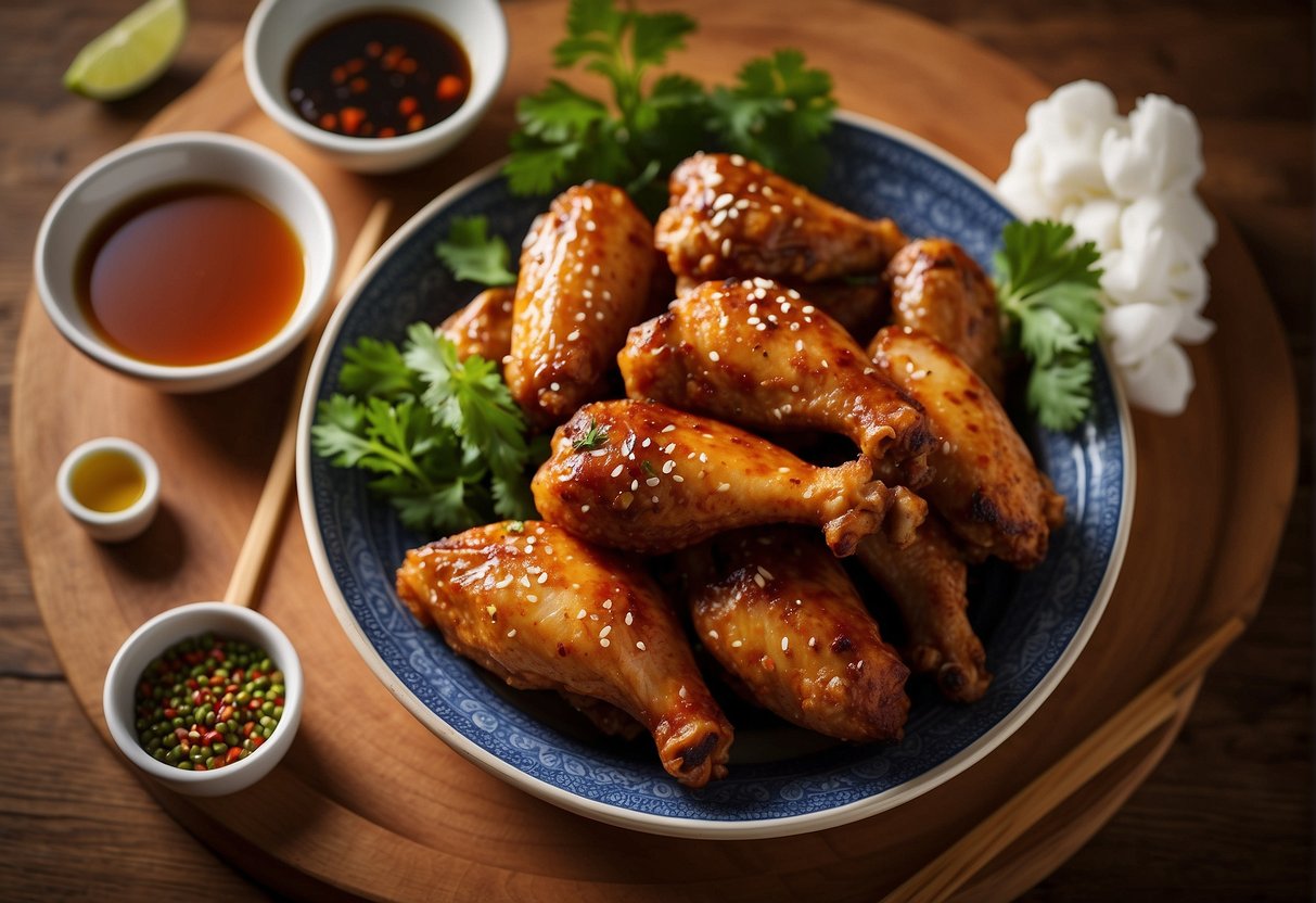 Chicken wings steamed in aromatic Chinese spices, arranged on a bamboo steamer, with a bowl of dipping sauce and a plate of garnishes nearby