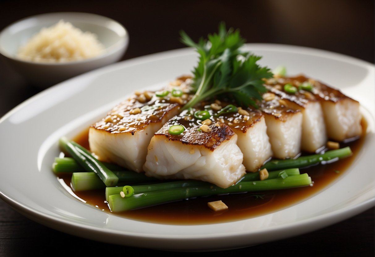 A plate of steamed cod with ginger, scallions, and soy sauce, surrounded by a bamboo steamer and chopsticks