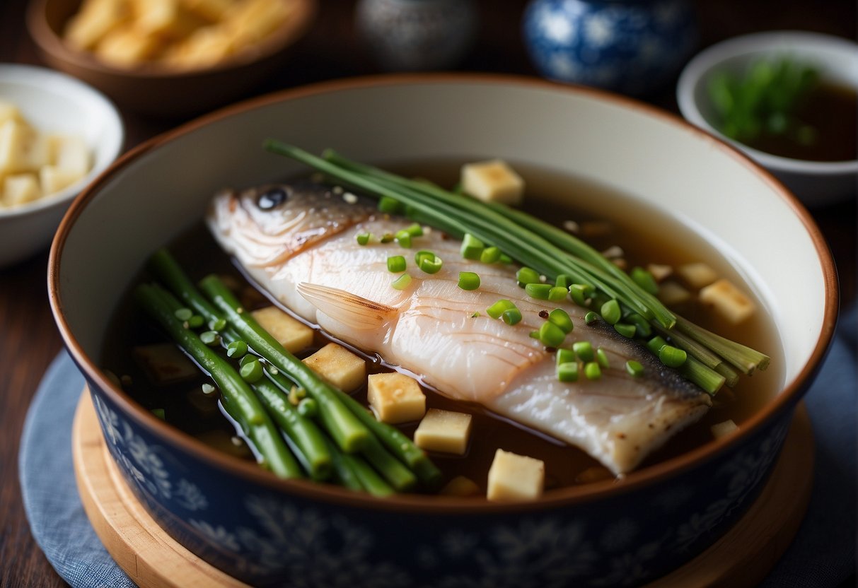 A whole cod fish, surrounded by ginger, scallions, and soy sauce, steaming in a bamboo steamer over a pot of boiling water