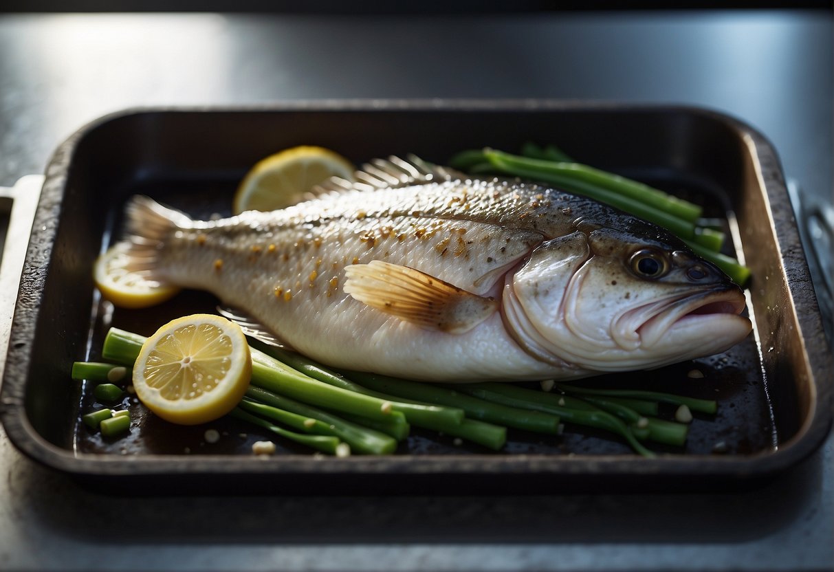 A whole cod fish is being cleaned and seasoned with ginger, scallions, and soy sauce before being placed on a steaming tray