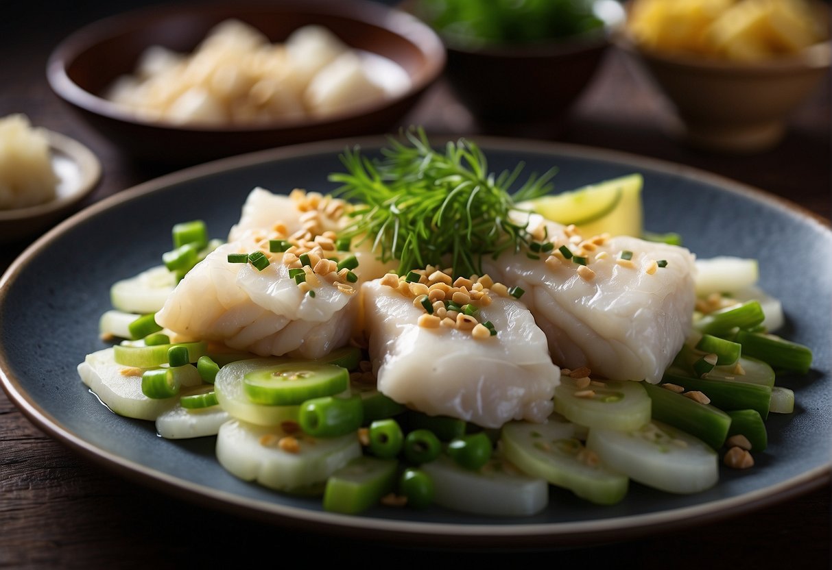 A plate of Chinese steamed cod emits steam, surrounded by ginger and scallions