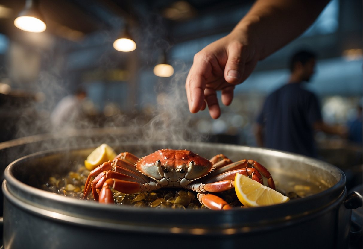 A hand reaches for a live crab in a market tank. Steam rises from a pot in the background. Ingredients surround the scene