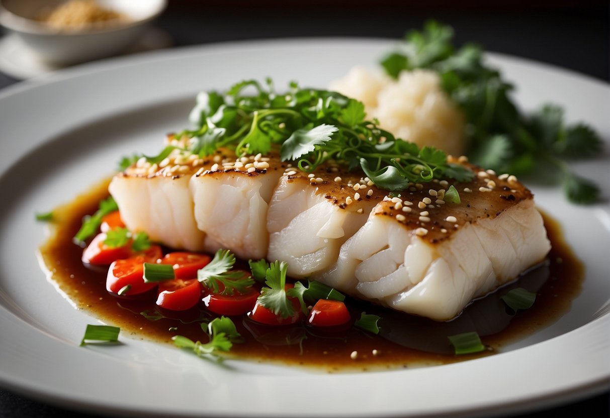 A steamed cod fillet sits on a bed of sliced ginger and scallions, drizzled with soy sauce and sesame oil, garnished with cilantro and red chili slices