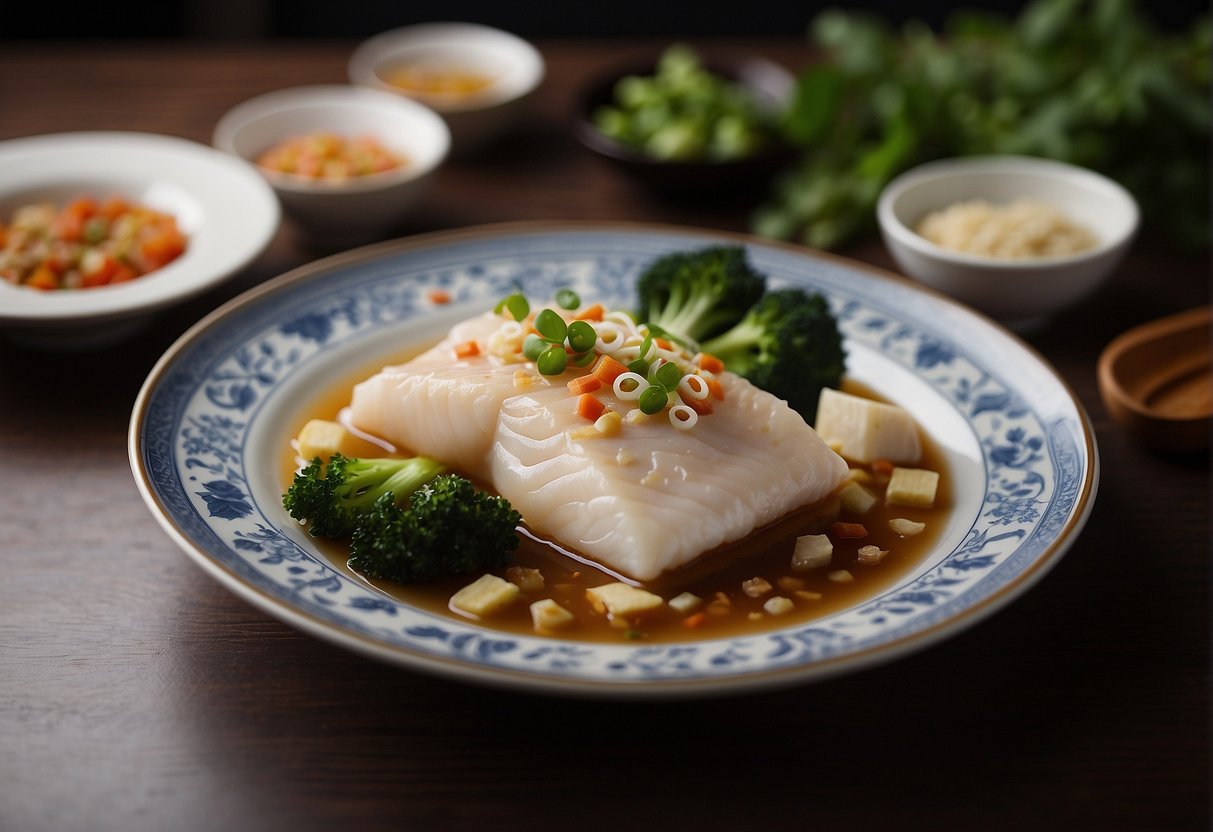 A plate of Chinese steamed cod with nutritional information label beside it